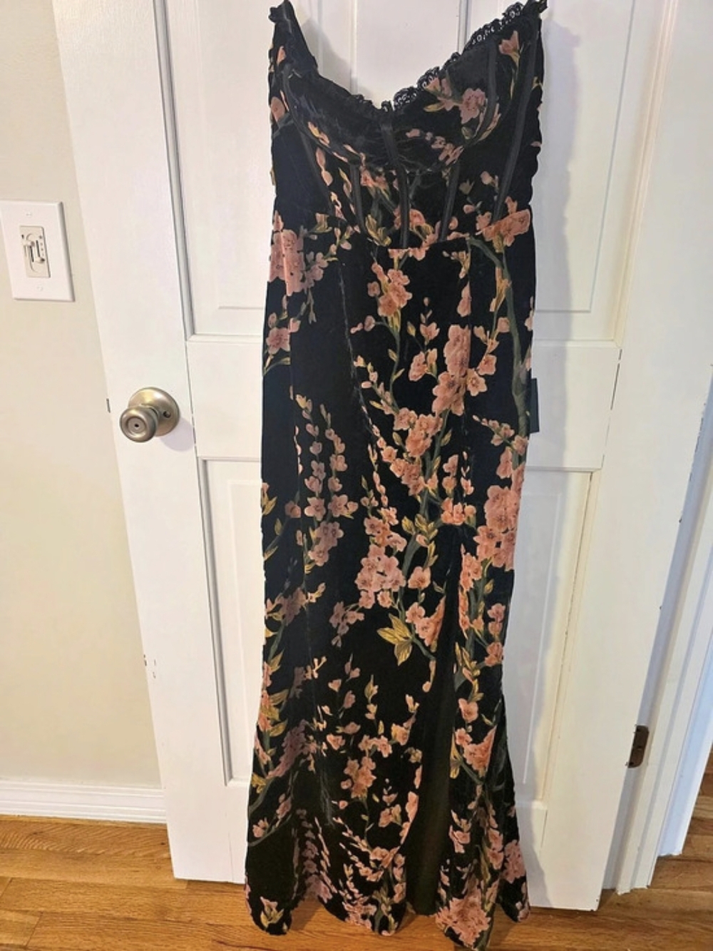 Lulus Black Floral Velvet Strapless Maxi Dress